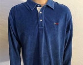 Vintage TOMMY HILFIGER velour velvet blue 90s soft warm Mens longsleeve shirt L