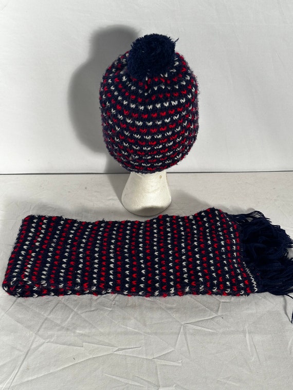 Vintage Japanese winter hat and scarf red white n… - image 2