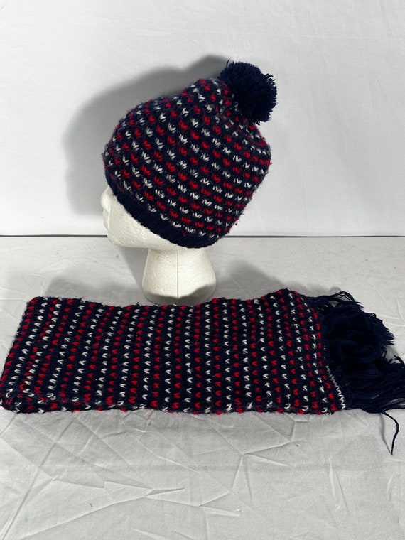 Vintage Japanese winter hat and scarf red white n… - image 5