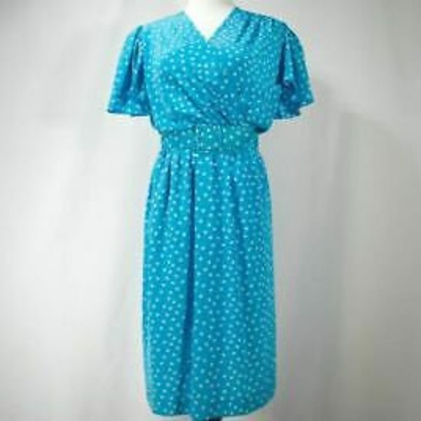 Vintage LIZ CLAIBORNE teal blue white dash pattern belt 90s SZ 12 Womens Dress L
