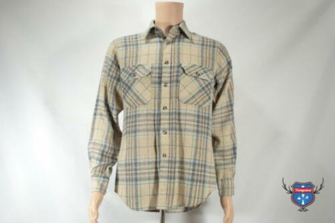Vintage Union Sportswear Wool Acrylic Grey Plaid 80s Mens Longsleeve