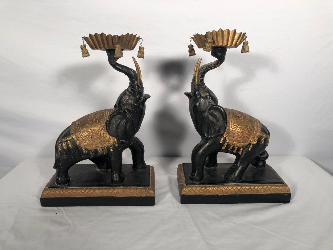 Vintage Elephant Candle Holders Ceramic Black Middle Eastern Egyptian