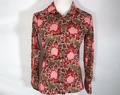 Vintage CARRY BACK red Floral pattern mod 70s sz 9 10 Womens long sleeve shirt M
