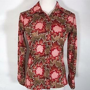 Vintage CARRY BACK red Floral pattern mod 70s sz 9 10 Womens long sleeve shirt M