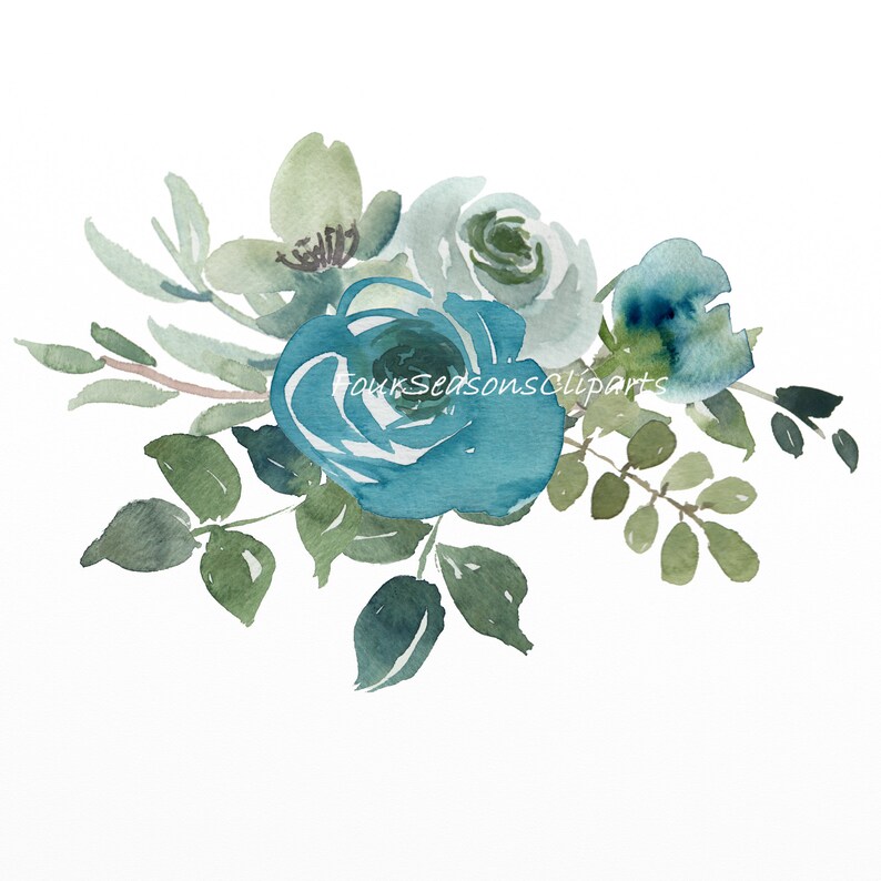 Teal Flowers Watercolor Clipart Green Clip Art Flowers Clip Etsy