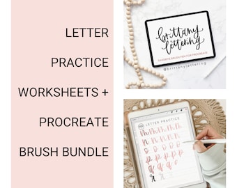 May include: A digital lettering bundle with letter practice worksheets and a Procreate brush bundle. The image shows an iPad displaying lettering practice, and another with the text "brittany lettering". The text "LETTER PRACTICE WORKSHEETS + PROCREATE BRUSH BUNDLE" is also visible.