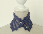 Denim Blue Hand Knitted Neck Corset,Handmade Lace Choker, Vintage Inspired Lace Necktie,Victorian Knitted Lace Choker, Blue Knit Neck Warmer