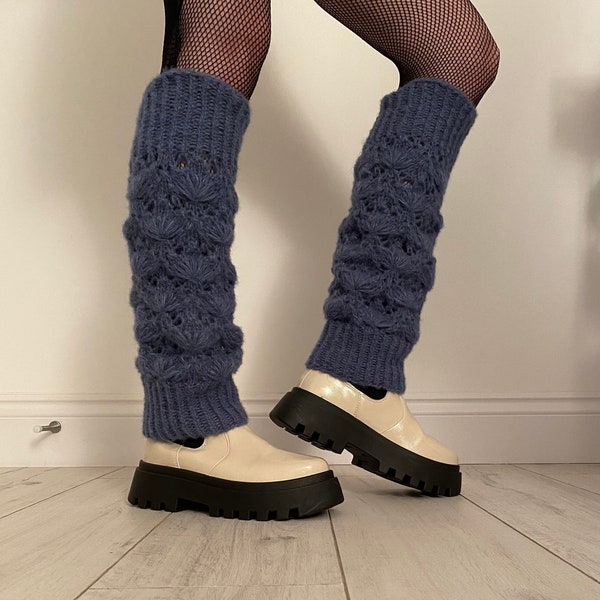 Hand knit mohair leg warmers in denim blue,boot cuffs, footless socks, boot toppers, warm leg warmers, alpaca silk handmade boho leg warmers