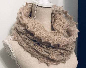 Hand Knitted Reversible Infinity Scarf in Beige, Lace Cowl, Head Scarf, Circle Scarf, Knitted Lace Snood, Soft, Fine, Dressy Lace Snood