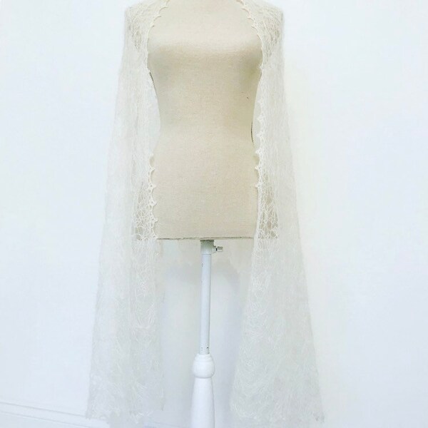 Mohair and Silk Han Knit Lace Shawl in Off White, Bridal Lace Stole, Mohair Wrap, Hand Knitted Bridal Shawl, White Lace Scarf, Winter Bride