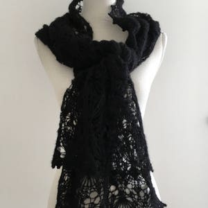 Black Hand Knitted Lace Alpaca Silk Scarf for Women, Winter Lace Scarf, Knitted Lace Alpaca Stole in Black, Warm Winter Lace Shawl, Mohair