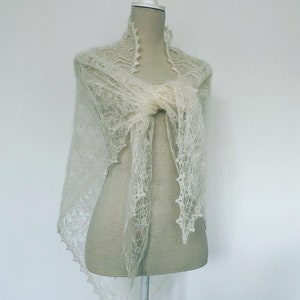 Mohair and Silk Triangle Lace Shawl in Off White, Triangle Lace Stole, Mohair Wrap, Hand Knitted Triangle Bridal Shawl, White Lace Scarf