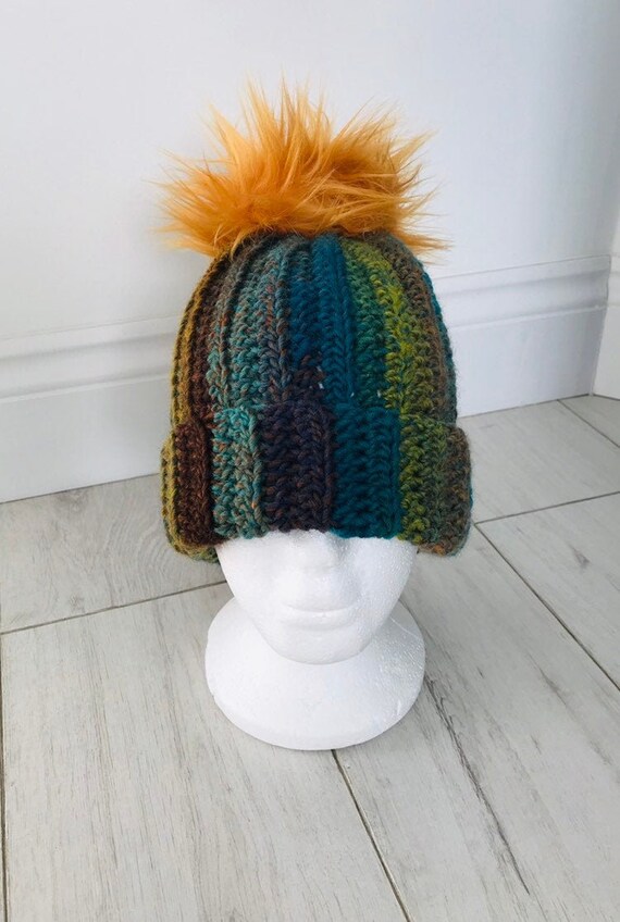 Multicolor Handmade Beanie with Faux Fur Pom Brown Multi-Color Merino Wool Knit Hat with Faux Fur Pom Pom  main image 4