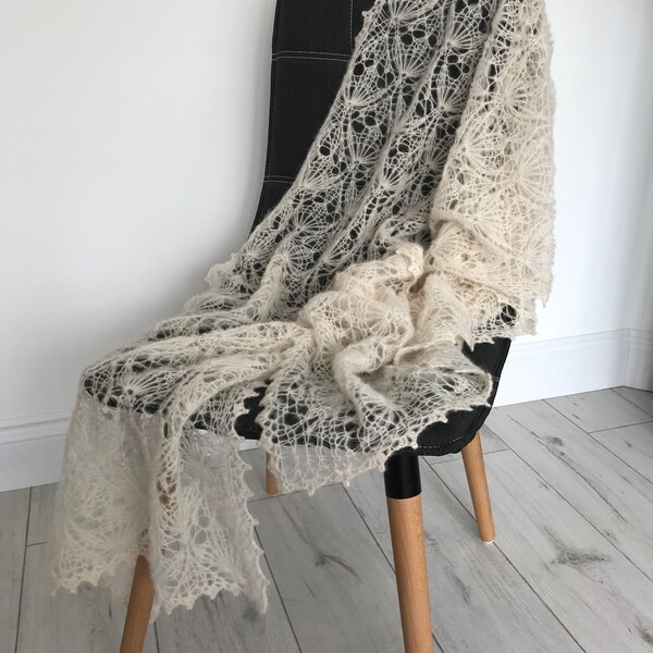 Off White Hand Knitted Alpaca Silk Lace Evening Shawl,Ivory Hand Made Wedding Lace Wrap, Oversized Lace Blanket Scarf,Bridal Lace Wrap Stole