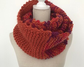 Orange Hand Knitted Infinity Scarf, Multi Colour Circle Scarf, Women Oversized Cowl, Chunky Knit Infinity Scarf, Knitted Snood, Orange Snood