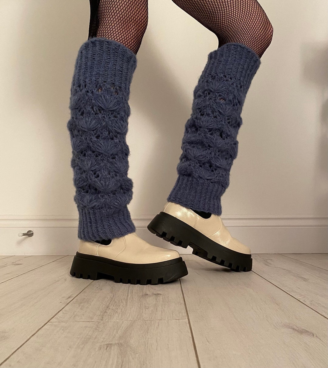 Hand Knit Mohair Leg Warmers in Denim Blueboot Cuffs Etsy