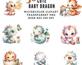 May include: 50 Cute Baby Dragon Watercolor Clipart.  Transparent PNG. High Res 300 DPI.  A set of digital illustrations featuring adorable baby dragons in various poses, including playing with blocks, holding a butterfly, and hatching from an egg.