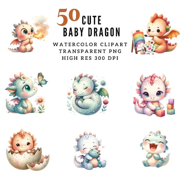 Baby Dragon Clipart Collection | 50 PNG Files, Instant Download, Cute Dragon Graphics for Crafting, Digital Clip Art