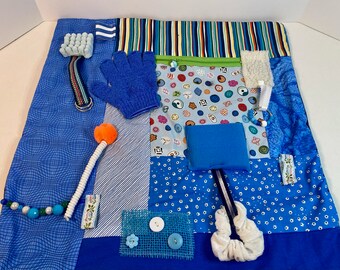 Fidget Blanket for Alzheimer's, Fidget Quilt, BRIGHT BLUE PATCHWORK, by Restless Remedy