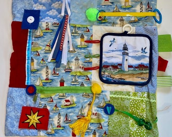 Fidget Toy, OCEAN LIGHTHOUSES, Alzheimer's Fidget Quilt, 23”x23”, by Restless Remedy