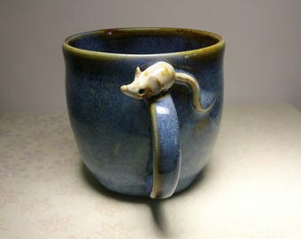Cup with handle ceramic mug with blue and Brown mouse