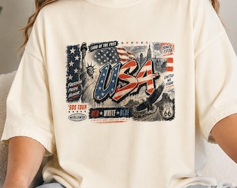 Koszulka vintage USA, koszulka z grafiką z flagą amerykańską, koszulka z patriotycznym orłem, koszulka ze Statuą Wolności, koszulka z okazji 4 lipca, prezent w stylu amerykańskim