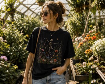 Dancing Skeleton Shirt, Wildflower Graphic Tee, Botanical T-Shirt, Cottagecore Skeleton Tee, Whimsical Goth Shirt, Nature Lover Gift