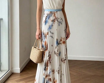 Elegant Allover Print Sleeveless Pleated V-Neck Midi Dress With Belt, Summer A-Line Party and Vacation Sun Dress