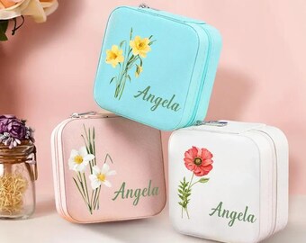 Personalized Name PU Leather Jewelry Box Birthflower Jewelry Organizer Gifts for Her Wedding Gift