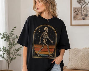 Vintage Skeleton Shirt, Retro Walking Skeleton Graphic Tee, Oversized Halloween T-Shirt, 70s Gothic Shirt, Spooky Gift for Women