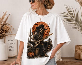 Vintage Skeleton Guitar Shirt, Western Halloween Tee, Spooky Rock Music Graphic T-Shirt, Gothic Cowboy Gift for Her