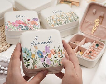 Personalized Floral Jewelry Box, Bridesmaid Gift, Travel Jewelry Case