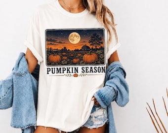 Koszulka z motywem sezonu dyni, koszulka z motywem jesiennej dyni, koszulka z grafiką Harvest Moon, jesienna koszulka Cottagecore, prezent na Halloween dla kobiet