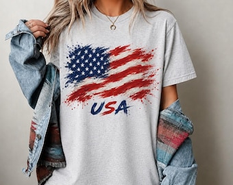 Koszulka z amerykańską flagą, koszulka z grafiką USA, koszulka patriotyczna, koszulka z gwiazdami i paskami, koszulka z okazji 4 lipca, prezent na Dzień Pamięci