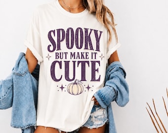 Koszulka „Straszny, ale zrób to uroczo”, urocza koszulka na Halloween dla kobiet, koszulka z grafiką „Jesienna dynia”, koszulka „Kokietka na Halloween”, prezent na jesień
