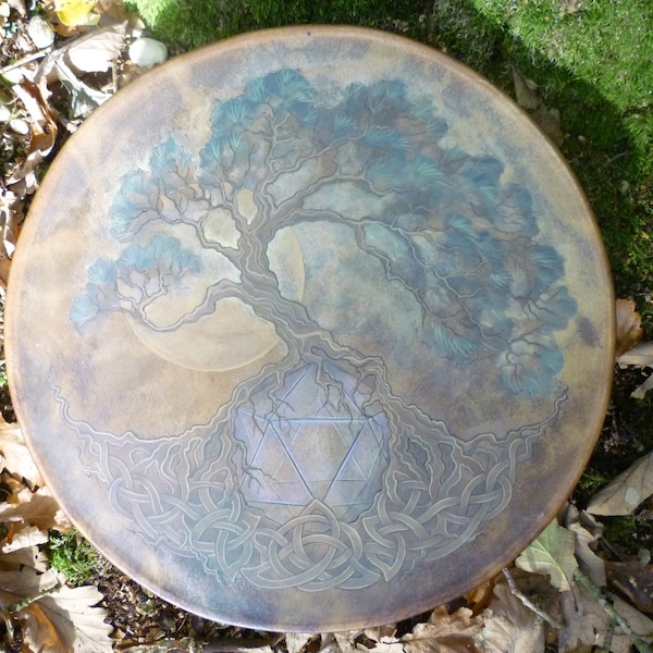Handpainted Shamanic Drum with Cypress tree and Sacred geometric / crystalline base