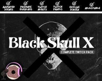 ANIMATED Black and White Skull "X" Stream Overlay & Twitch Alerts Pack - Scenes, alerts, overlays, panel headers, and more!