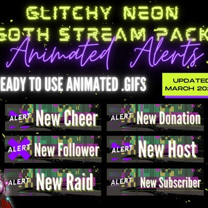 ANIMATED Dark Glitchy Neon Twitch Alerts [Updated March 2022] - New Follower, Subscriber, Cheer, Host, Donation, Raid alerts