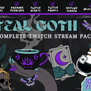 NEW!~ Teal Witchy Plum Stream Pack - Animated Scenes, Overlays, Panel Headers and more! Witchy, Skulls, Magical, Goth Aesthetic