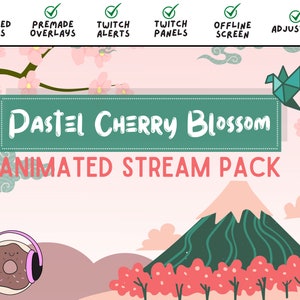 ANIMATED Pastel Cherry Blossom Stream Overlay Pack - Animated scenes, Twitch alerts, Twitch overlays, Twitch panels, and more!