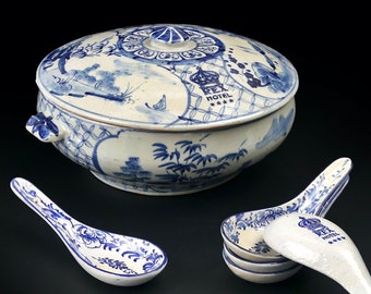 Tureen from the Rex Hôtel de Saigon and 5 ceramic soup spoons - Historical collectibles - 1960s - Ho Chi Minh City - Vietnam