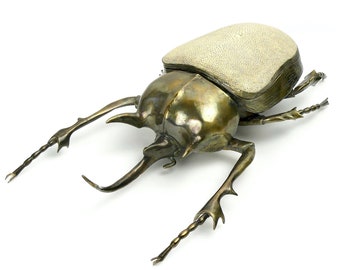 Rhinoceros Beetle in Cast Brass and Cream Stingray Leather - Jewelery Box - Home Decor - Curiosity - Ginger Brown - French Design