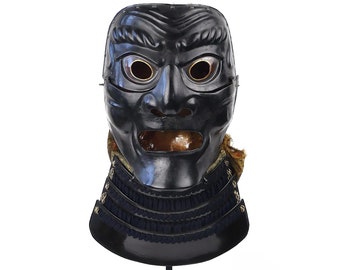 Antique Japanese mid-Edo period somen in black lacquered iron, full samurai mask on base - 18th century Japan - Exceptional collectible mask