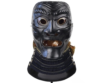 Antique Japanese Samurai Mask: Edo Period Black Lacquered Iron Somen
