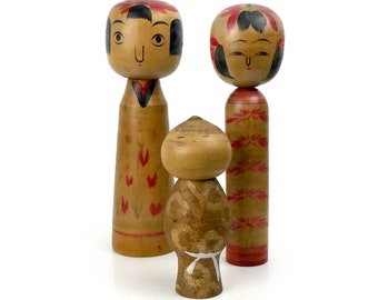 Vintage Kokeshi Dolls - Set of 3 Traditional Japanese Wooden Dolls