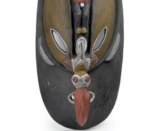 Masque chimérique Papou, animal sauvage et oiseau, en bois sculpté polychrome - Ramu - Bas Sépik - Papouasie Nouvelle-Guinée
