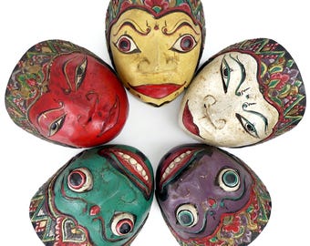 Five Topeng Masks: Red, Yellow, Green, White, and Purple - Ethnic Collection - Java - Indonesia