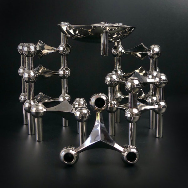 Set of 10 modular tripod candlesticks and 1 cup in chromed metal by the German designer Fritz Nagel - 1960/1970 - Contemporary decoration