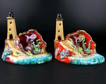 Pair of glazed ceramic lighthouse nightlights – Mid-20th century – Retro/vintage collectible