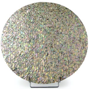 Peut inclure: Une assiette décorative circulaire recouverte d'une mosaïque de petites tuiles en nacre iridescente. La surface présente un éventail chatoyant de tons blanc nacré, rose tendre, vert pâle et bleu clair, soutenue par un support en métal argenté.
